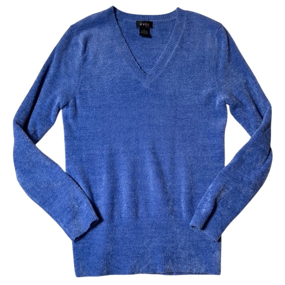 Evie Blue Chenille V-Neck Sweater Women's Size L Soft Cozy Stretch Pullover Top